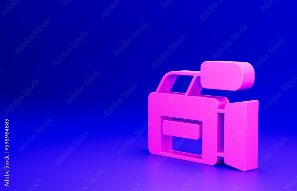 Pink Cinema camera icon isolated on blue background. Video camera. Movie sign. Film projector. Minimalism concept. 3D render illustration Pink Cinema camera icon isolated on blue background. Video camera. Movie sign. Film projector. Minimalism concept. 3D render illustration