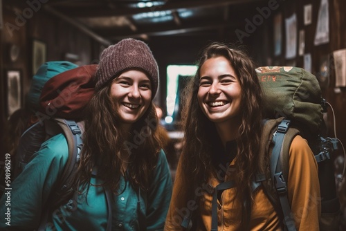 group of cheerful backpackers enjoying their stay in a hostel. With their smiling faces and relaxed demeanor. Generative AI photo