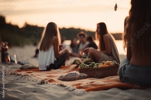 happy people on a cozy picnic on the beach in the evening selective focuse positive vibe campfire. Generative AI