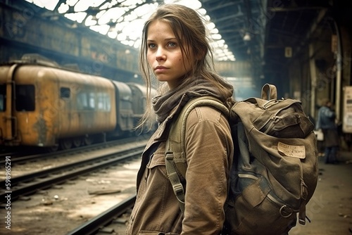 young woman with a backpack enjoying the solo travel. postapocalyptic style. Generative AI photo