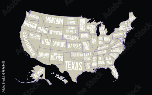 Simplified vector map of United States of America with full names of states
