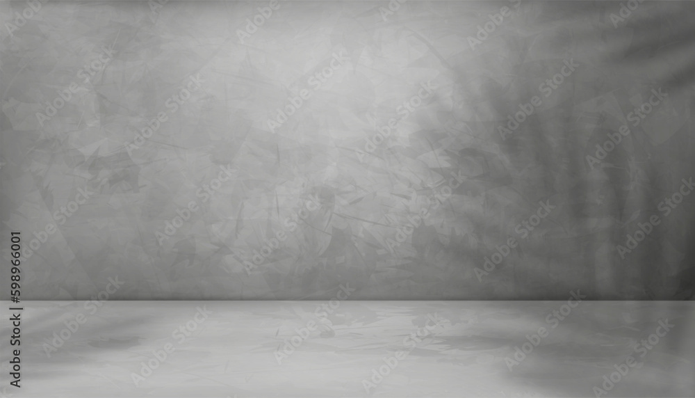 Grey cement wall texture background with coconut palm leaves shadow overlay,3D Empty Studio Interior background,Vector Gray Cement wall with light on Concrete floor,Display Product Presentation Grey cement wall texture background with coconut palm leaves shadow overlay,3D Empty Studio Interior background,Vector Gray Cement wall with light on Concrete floor,Display Product Presentation