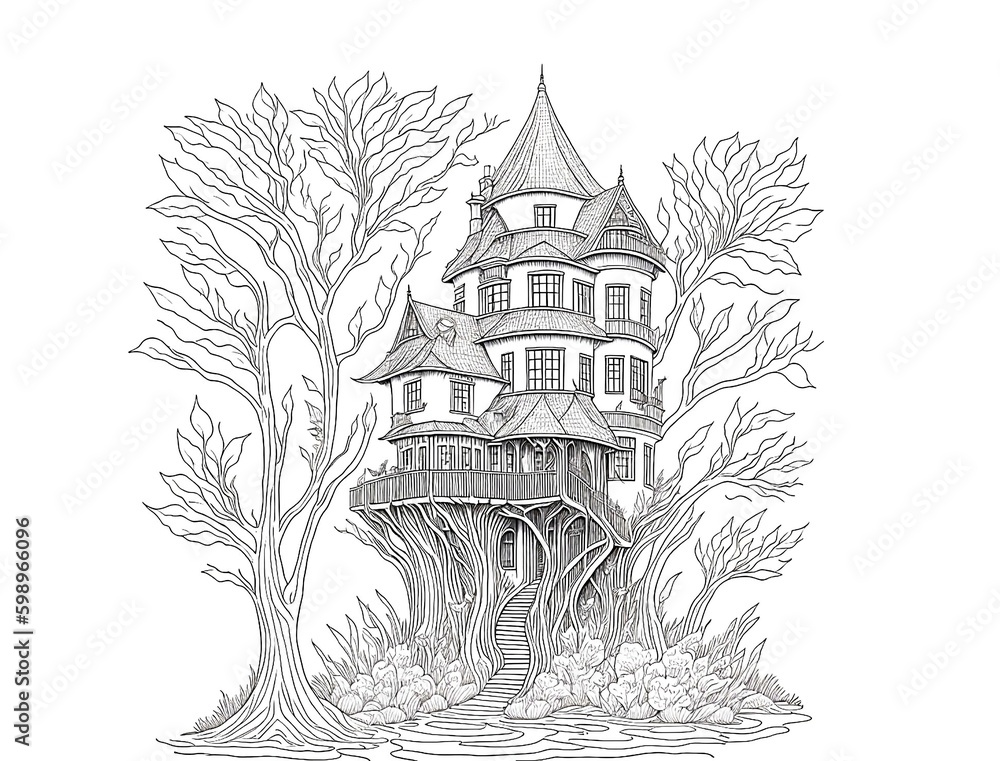 tree house graphic black white sketch illustration. Generative AIHigh quality photo Generative AI