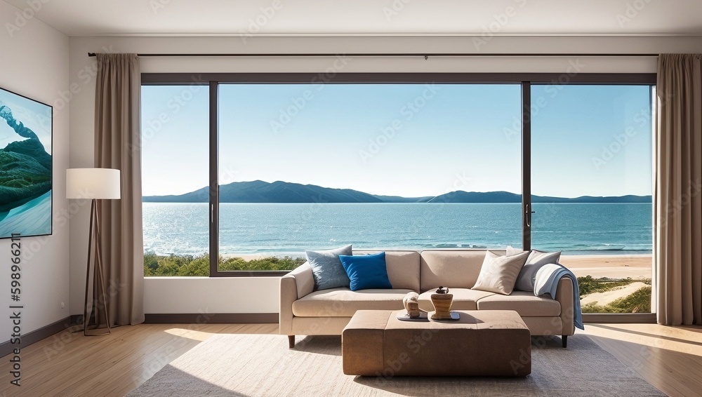 Living room with a view of the ocean, generative ai Living room with a view of the ocean, generative ai