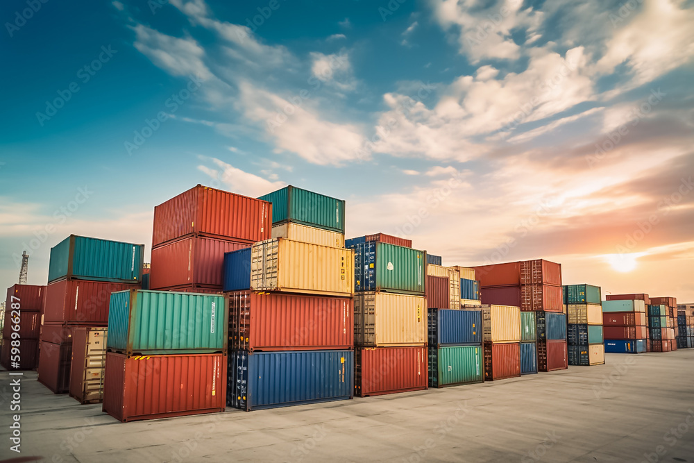 Rows of cargo containers rest atop massive container ships docked at an industrial port. generative AI. Rows of cargo containers rest atop massive container ships docked at an industrial port. generative AI.