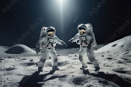 Two astronauts on the moon dance together in an AI-generated image