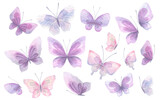 A set of delicate, cute pink and lilac butterflies. Watercolor illustration. Isolated objects on a white background. For decoration, design of romantic, wedding events, children's and women's textiles