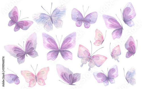 A set of delicate, cute pink and lilac butterflies. Watercolor illustration. Isolated objects on a white background. For decoration, design of romantic, wedding events, children's and women's textiles © NATASHA-CHU