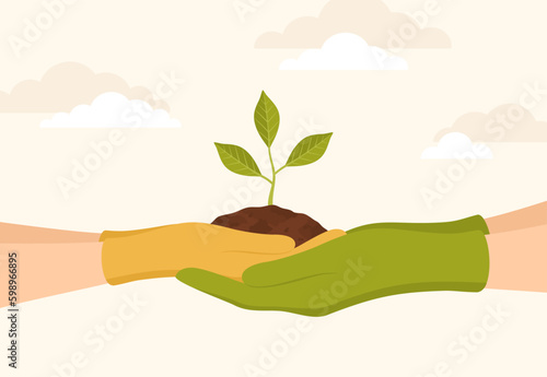 Hands of an adult and a child in rubber gloves holding a seedling in the soil in their palms, side view. Vector illustration in flat style