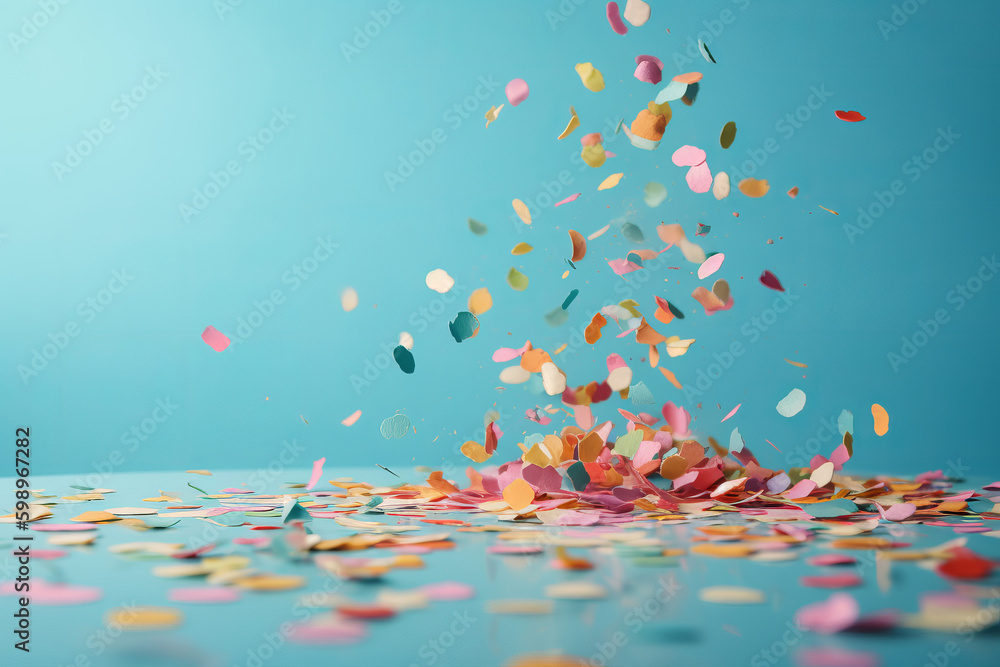 Party celebration confetti falling on a blue background. Generative ai Generative AI