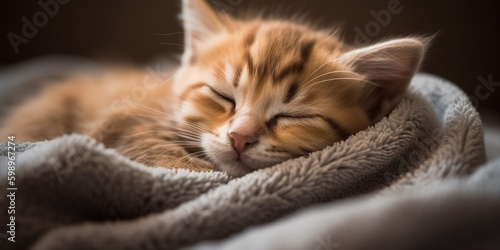 A sleepy kitten snuggled up in a cozy blanket, contrasted against a soft, comforting backdrop, concept of Warmth, created with Generative AI technology Generative AI © koldunova