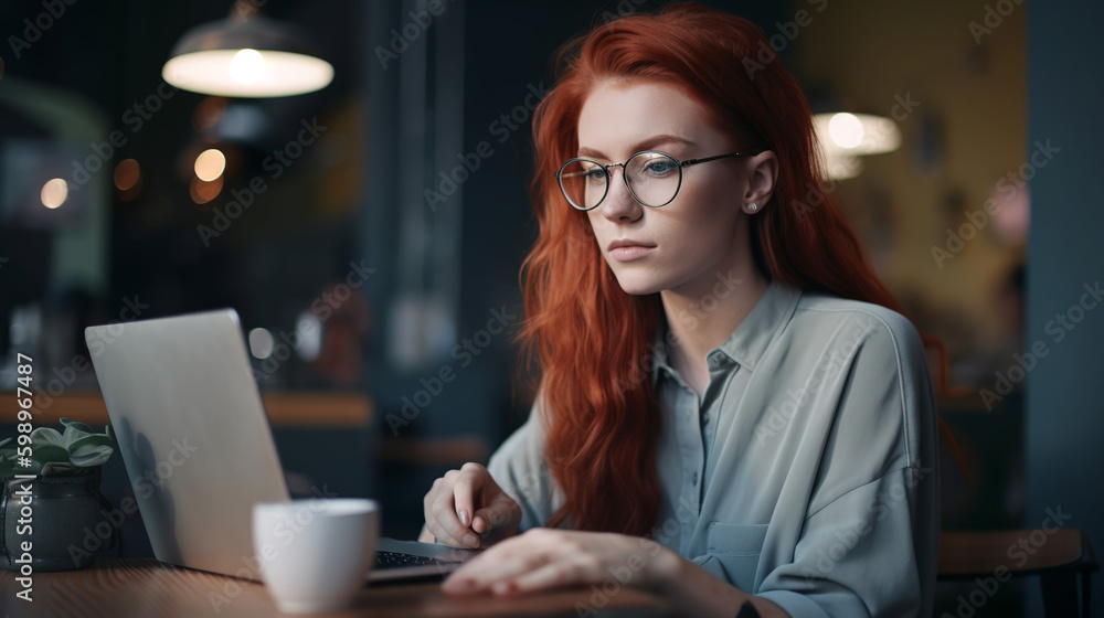 Front-end developer sitting in front of her laptop, generative ai Front-end developer sitting in front of her laptop, generative ai