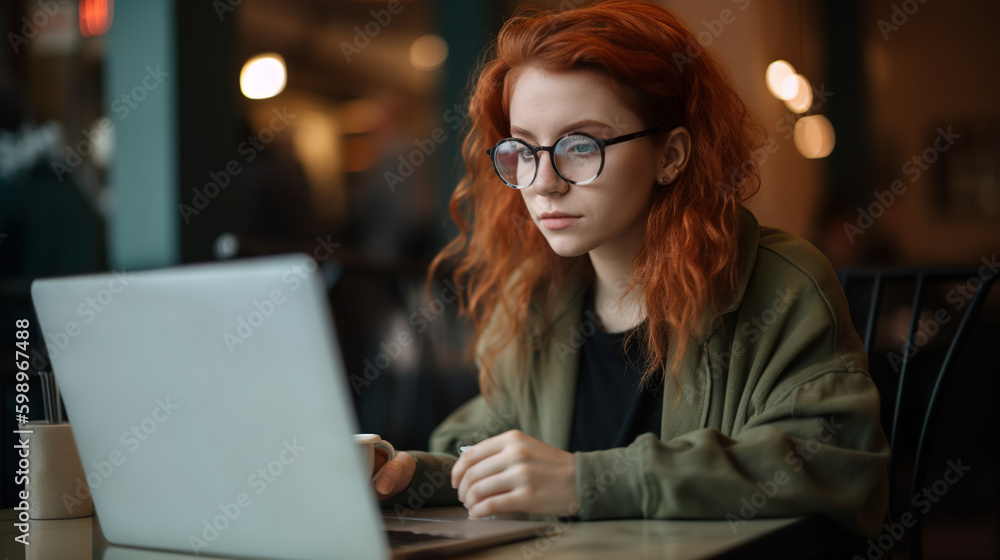 Front-end developer sitting in front of her laptop, generative ai Front-end developer sitting in front of her laptop, generative ai