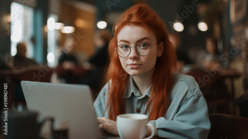Front-end developer sitting in front of her laptop, generative ai