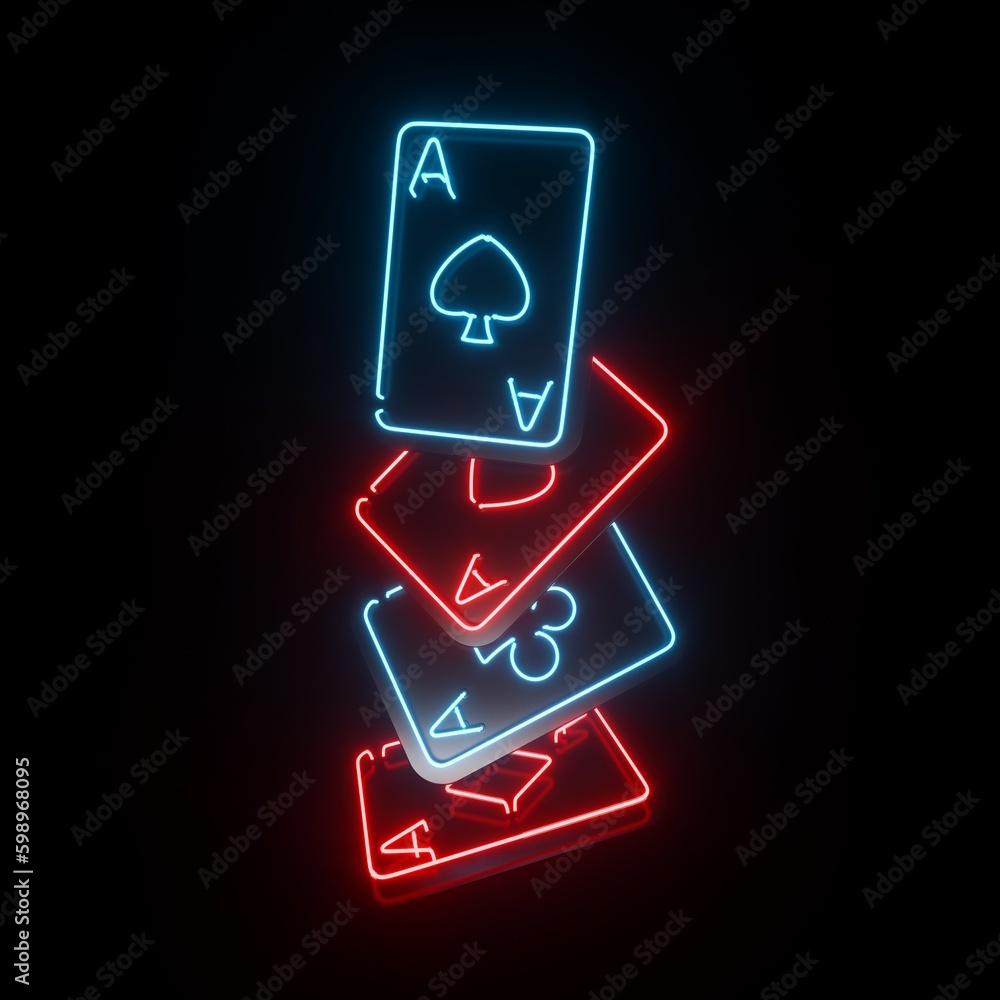 Modern, Futuristic, Abstract Casino Four Aces Playing Cards With Glowing Red And Blue Neon Lights On Black Background - 3D Illustration Modern, Futuristic, Abstract Casino Four Aces Playing Cards With Glowing Red And Blue Neon Lights On Black Background - 3D Illustration