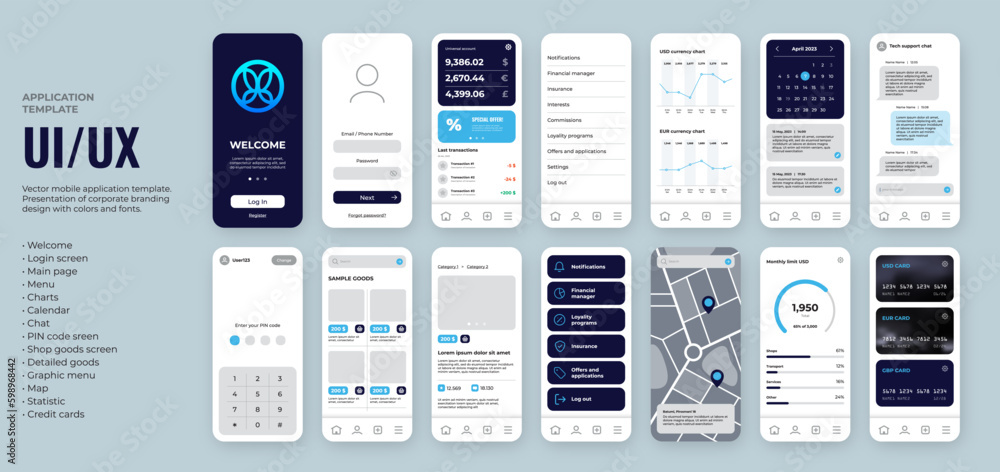 UI UX mobile app template. Blue logo, dark background, round corners shapes, include main screen, menu with icons, map, banking functions, chat and shop elements. Use for mobile bank or shop.