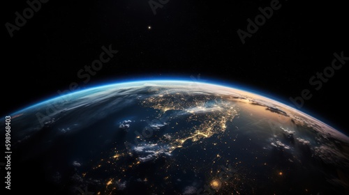 Planet Earth cutvature. Aerial view of blue planet from space. Sunrise over city lights. Generative AI