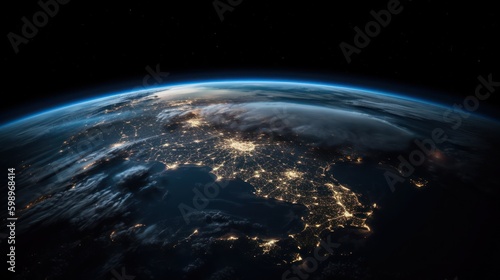 Planet Earth cutvature. Aerial view of blue planet from space. Sunrise over city lights. Generative AI