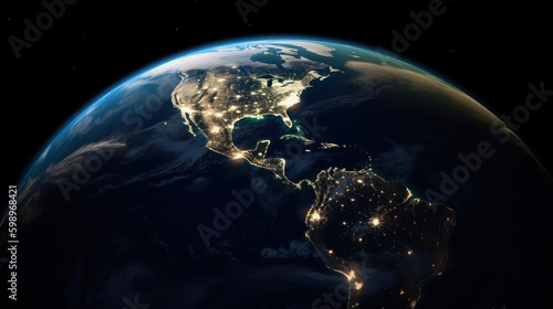 Planet Earth cutvature. Aerial view of blue planet from space. Sunrise over city lights. Generative AI