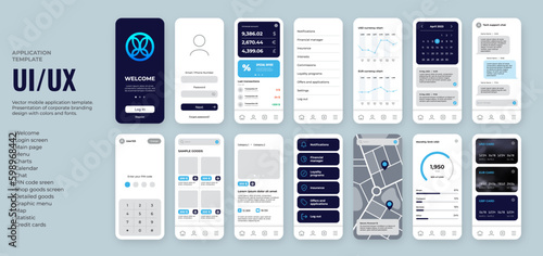 UI UX mobile app template. Blue logo, dark background, round corners shapes, include main screen, menu with icons, map, banking functions, chat and shop elements. Use for mobile bank or shop. photo