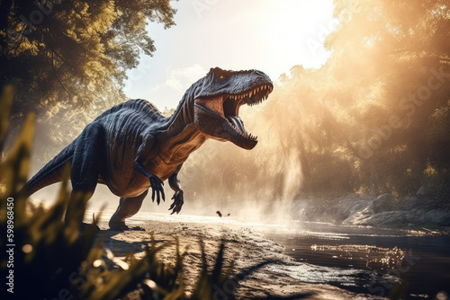 Jurassic Majesty. T-Rex Roaming by Sunlit River in Jungle. Prehistoric Adventure. Tyrannosaurus Rex in Sun-Drenched Jungle.