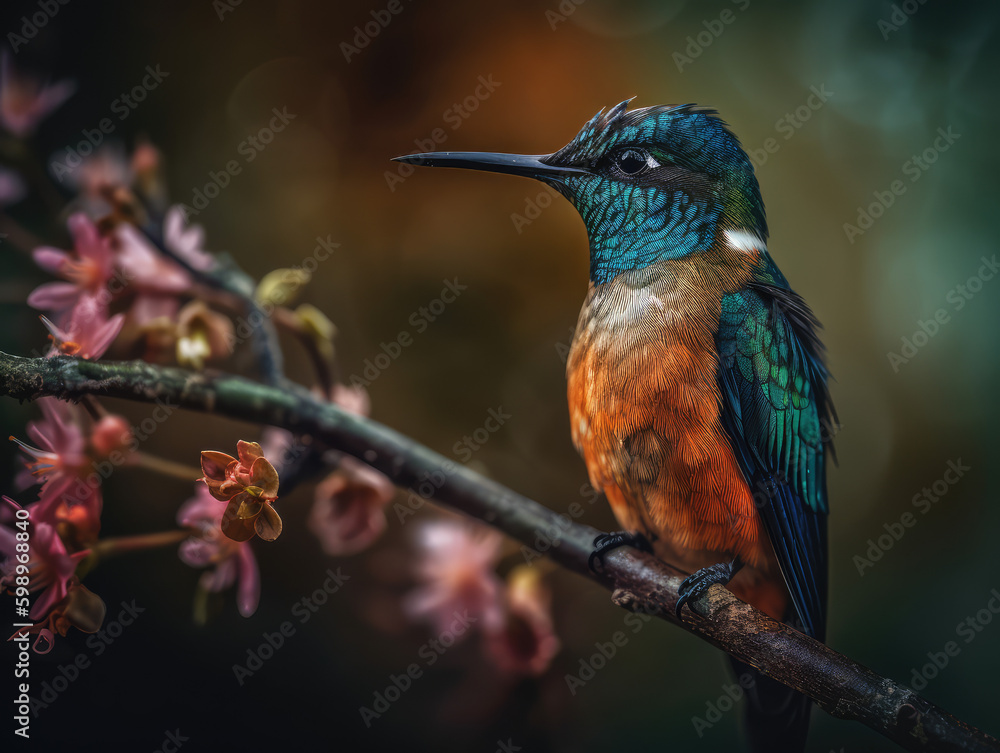 Hummingbird Embracing Nature's Splendor. Mesmerizing macro photograph showcasing a Trochilidae perched on a branch, enjoying a flower in a spring background. Nature concept AI Generative Hummingbird Embracing Nature's Splendor. Mesmerizing macro photograph showcasing a Trochilidae perched on a branch, enjoying a flower in a spring background. Nature concept AI Generative