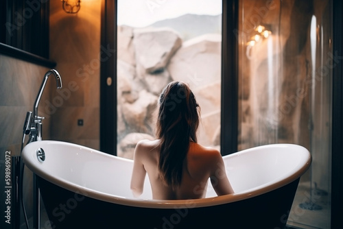 Pampered and Peaceful: Back View of Woman Enjoying Bathtub Bliss - Generative Ai
