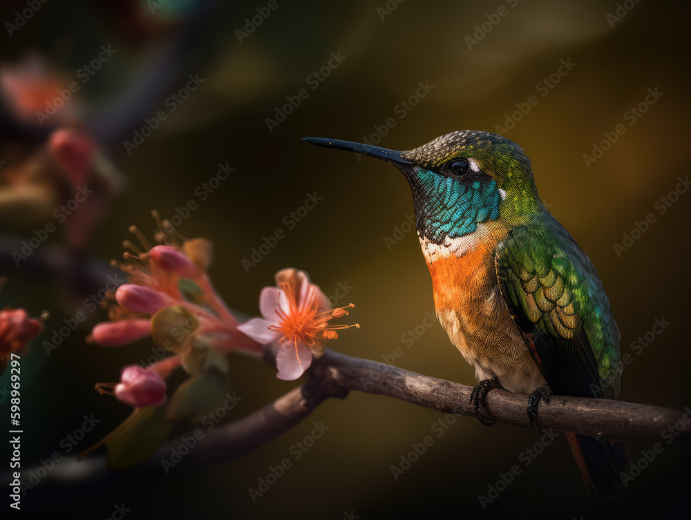 Fototapeta premium Hummingbird Embracing Nature's Splendor. Mesmerizing macro photograph showcasing a Trochilidae perched on a branch, enjoying a flower in a spring background. Nature concept AI Generative