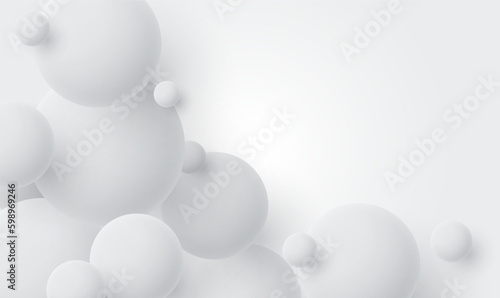 Abstract 3D white spheres design background. 3D shiny balls for product presentation. White snow balls of different sizes.Modern cover design,advertising banner or brochure template, wallpaper. Vector