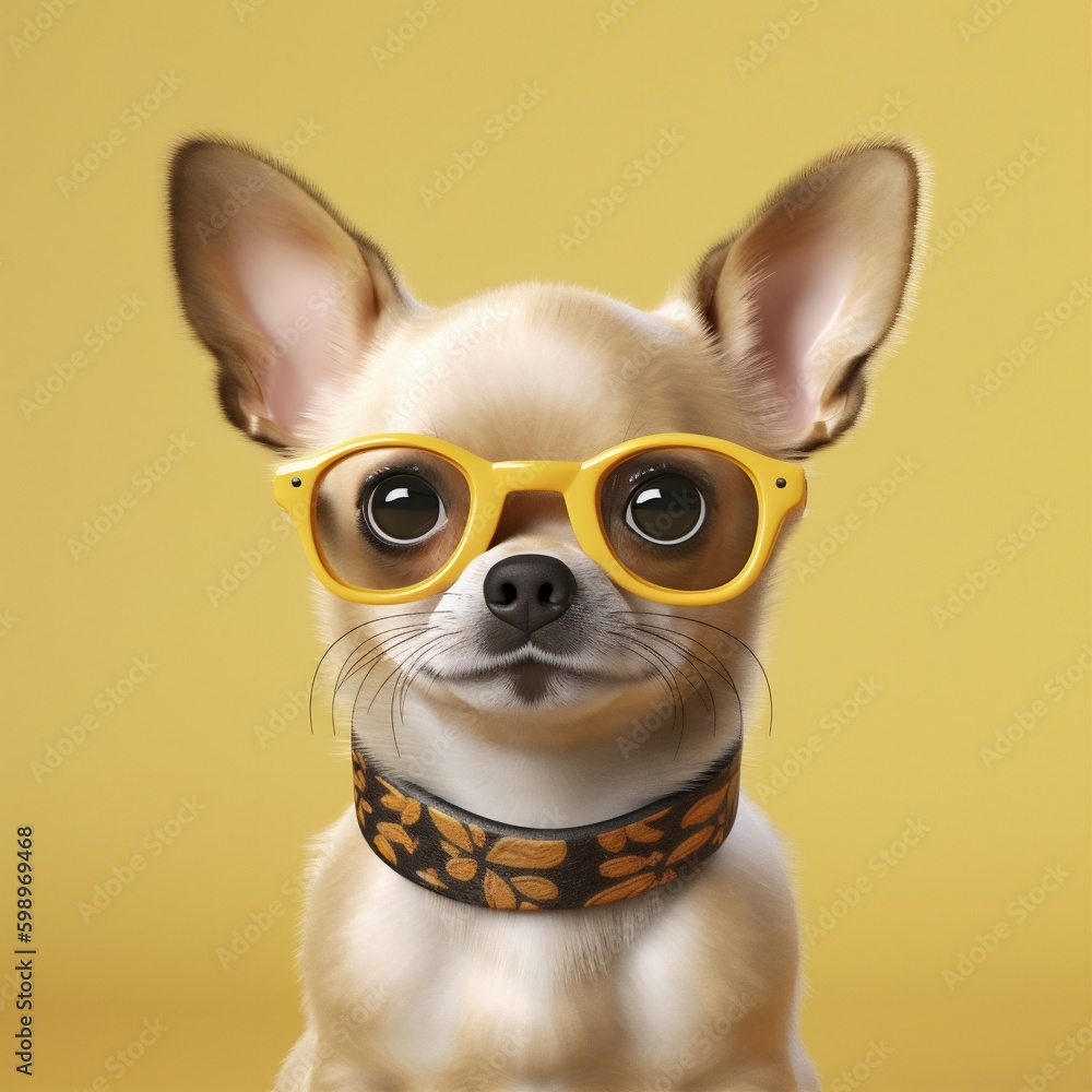 cute dog portrait pet canine puppy glasses yellow chihuahua background animal. Generative AI. Generative AI
