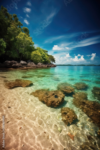 Tropical Tranquility  Low Angle Shot of a Beach and Blue Sky Landscape  Near the Water - A Nature Paradise with Sandy Shores  Offering Seaside Bliss on Vacation.     