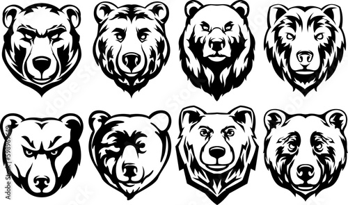 Head of bears collection. Abstract character illustration variant set. Graphic design template for emblem. Image of portrait.