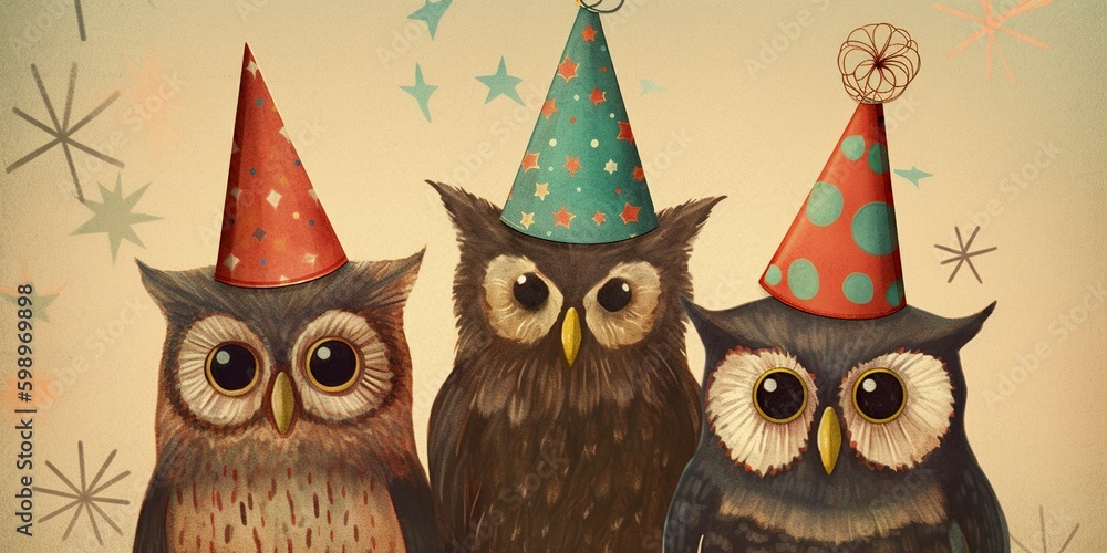 A trio of owls wearing whimsical party hats, poised against a festive background, inviting observers to a playful celebration, concept of Playful camaraderie, created with Generative AI Generative AI