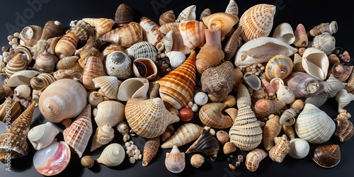 A collection of rare, vibrant seashells, showcasing the fascination for marine life and shell collecting, concept of Natural curiosity, created with Generative AI technology Generative AI