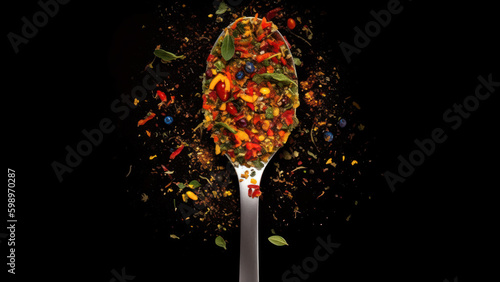 spicy spice with pieces dry vegetable in spoon condiments on black background generative ai