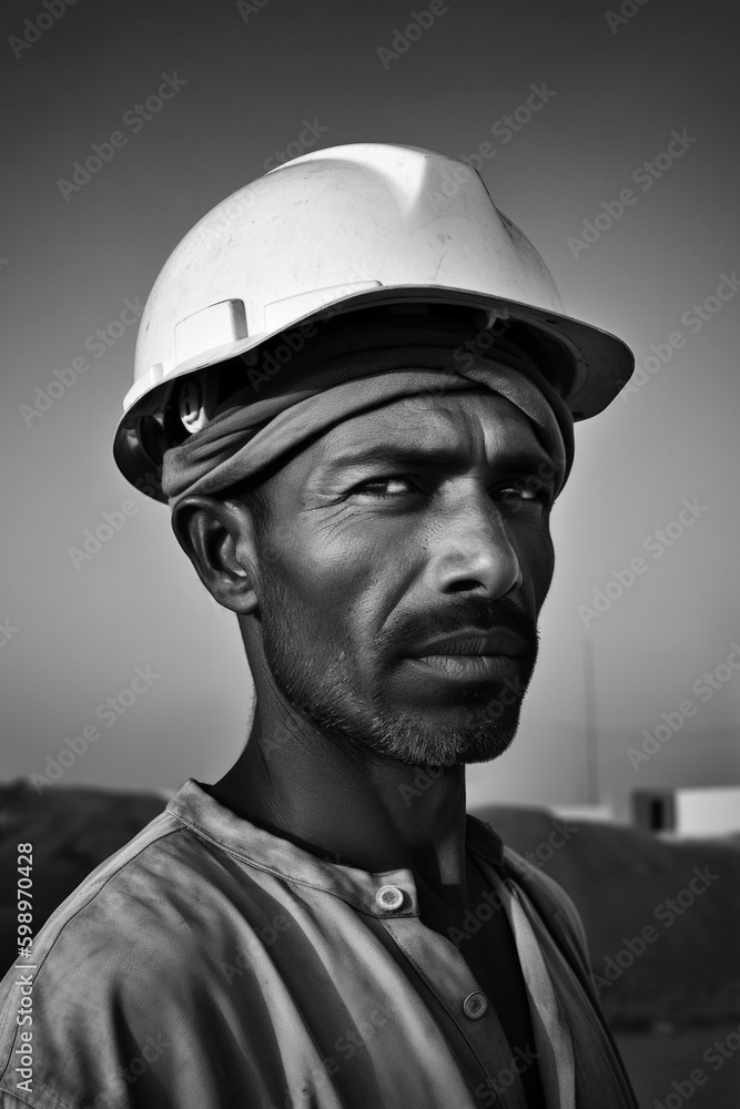 A close-up of a construction worker with hard hat and safety glasses, on the construction site for a futuristic city deep in the Arabian desert, created with generative A.I. technology.