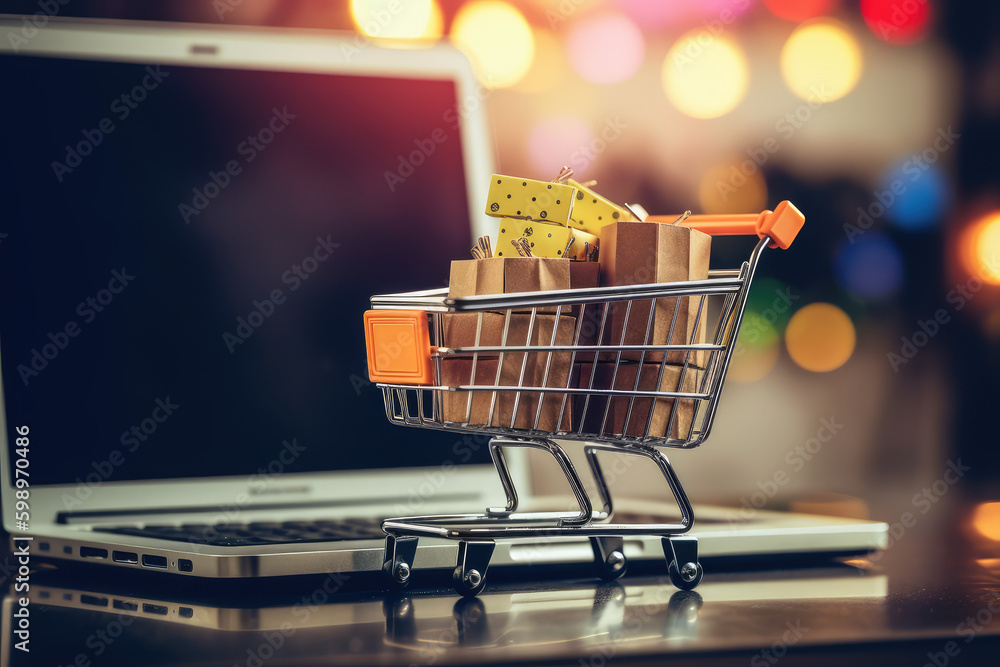 Virtual Shopping online: Purchases at Your Fingertips. Imaginative scene featuring a miniature shopping cart, shopping bags, and a laptop. E-commerce concept AI Generative