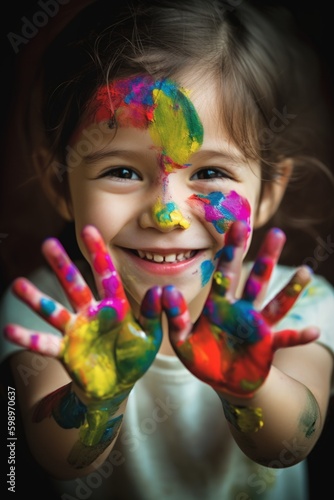 Heartwarming close-up portrait of a child laughing and holding their colorfully painted hands in front of the camera, highlights the child's joyful expression. Created with generative A.I. technology.