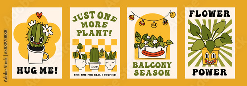 Groovy hippie 70s floral poster set. Funny cartoon flowers in trendy retro animation style. Bright home prints with plants, garden, urban jungle theme. Vector backgrounds, cards collection 