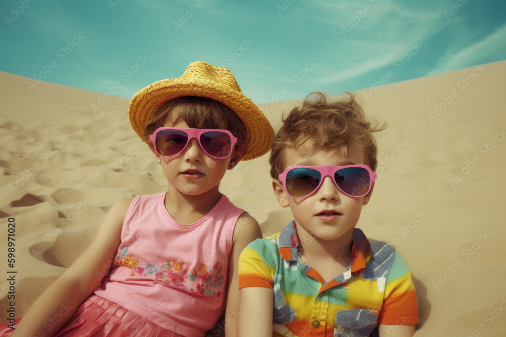 A group of young children, friends that run around and play on summer sunny day on the beach, seashore. Kids on hot sand. Children joy and smiles on vacation. Generative AI.