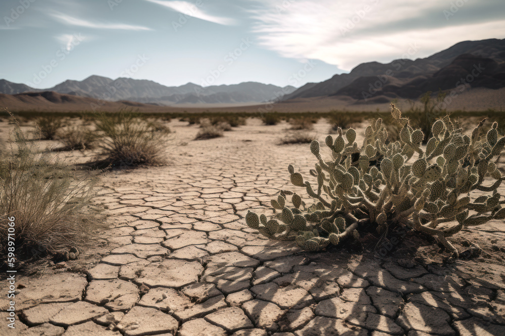 desert plants in drought cracked ground generative ai