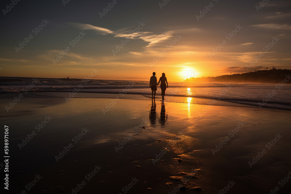A Couple on a Romantic Sunset Walk Along the Beach, generative AI
