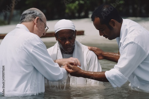 Two pastors baptize a man in the name of Christ Fototapeta