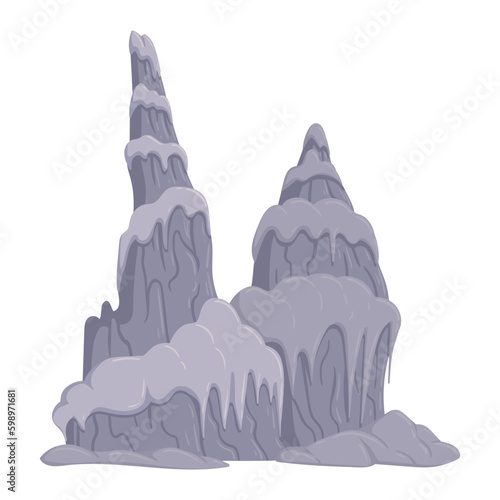 Geology stalagmite formation. Mineral natural growth limestone rocks. Cartoon stalagmite columns flat vector illustration on white background