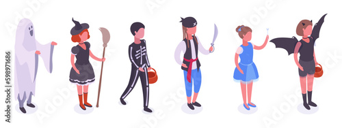 Halloween party kids. Isometric boys and girls wearing witch, pirate and ghost carnival costumes. Halloween party masquerade children characters 3d vector illustration set
