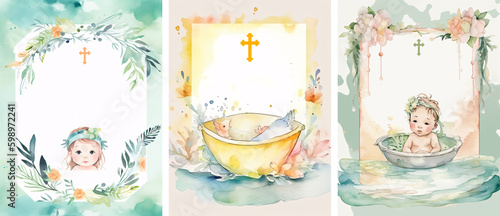 Fotografie, Tablou A set of cute watercolor templates for Baptism invitations
