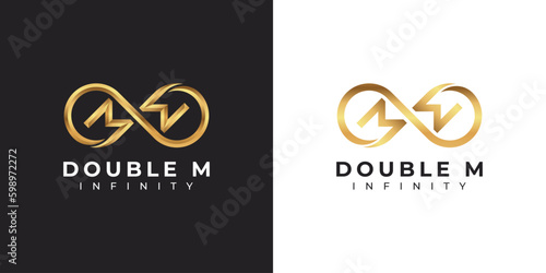 Letter M Infinity Logo design and Gold Elegant Luxury symbol for Business Company Branding and Corporate Identity