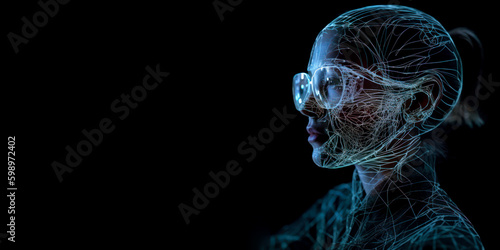 glowing woman head with glasses hologram with copy space future technology generative ai