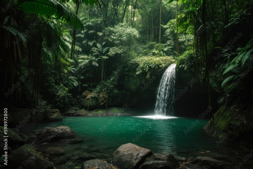 Naklejka premium green jungle waterfall landscape generative ai
