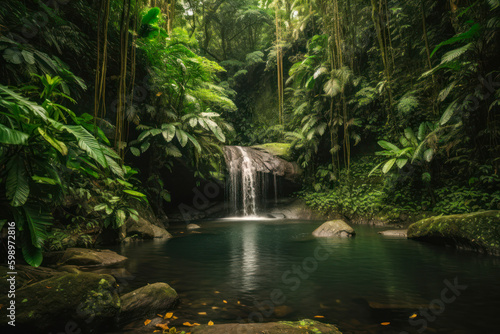 green jungle waterfall landscape generative ai